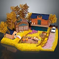 Cartoon Countryside Scene With Wooden Houses Yellow Trees Animal Pen White Car And Green Grass