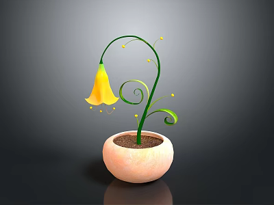 Plant With Green Spiral Stem And Yellow Bell Shaped Flower In Pink Pot With Soil 3d model