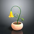 Plant With Green Spiral Stem And Yellow Bell Shaped Flower In Pink Pot With Soil