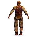 Rugged Explorer Character in Patched Clothing with Decorative Pouches and Creature Interaction