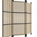 Woven Rattan Room Divider With Beige Panels And Black Frame Design