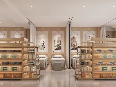 Elegant Chinese Style Retail Store Interior With Wooden Shelves Products Central Table And Decorative Paintings 3d model