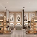 Elegant Chinese Style Retail Store Interior With Wooden Shelves Products Central Table And Decorative Paintings