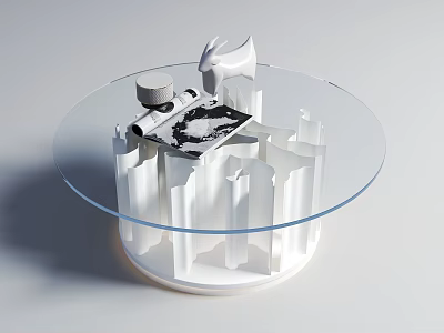 Modern Round Glass Top Coffee Table With White Columnar Base And Decorative Rabbit Figurine 3d model