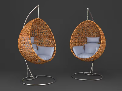 Rattan Egg Shaped Hanging Chairs With Blue Cushions And Metal Stands 3d model