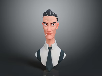 3D Cartoon Male Character With Slicked Back Hair White Shirt Black Suspenders And Smoking Cigarette 3d model