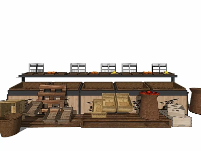 Multi Tiered Retail Display Shelves With Baskets Sacks And Wooden Crates 3d model