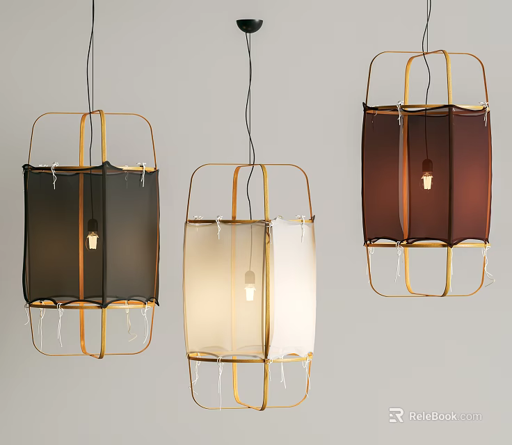 Modern Pendant Lights With Golden Frames And Black Beige Brown Fabric Shades For Home Interior 3d model 