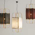 Modern Pendant Lights With Golden Frames And Black Beige Brown Fabric Shades For Home Interior