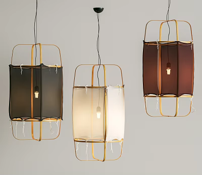 Modern Pendant Lights With Golden Frames And Black Beige Brown Fabric Shades For Home Interior 3d model