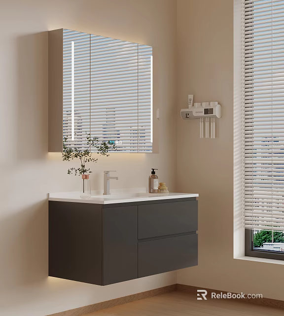 Modern Bathroom Vanity With Mirror Blinds Sink Faucet And Decorative Plant 3d model 