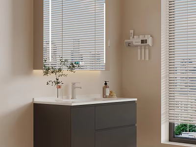 Modern Bathroom Vanity With Mirror Blinds Sink Faucet And Decorative Plant 3d model