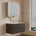 Modern Bathroom Vanity With Mirror Blinds Sink Faucet And Decorative Plant