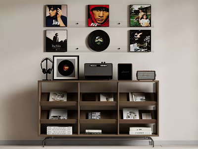 Wooden Storage Shelf with Books Vinyl Records Headphones and Audio Device in Modern Living Room 3d model