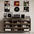 Wooden Storage Shelf with Books Vinyl Records Headphones and Audio Device in Modern Living Room