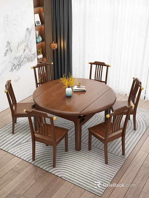 Round Wooden Dining Table Set with Six Chairs Blue Vase Yellow Flowers Books Chinese Style 3d model 