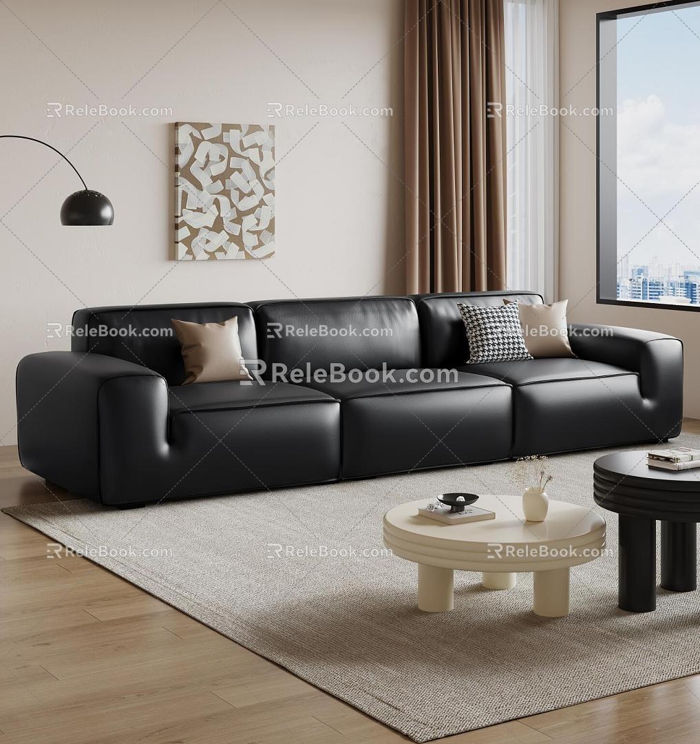 Modern three-seat sofa large black cow sofa 3d model