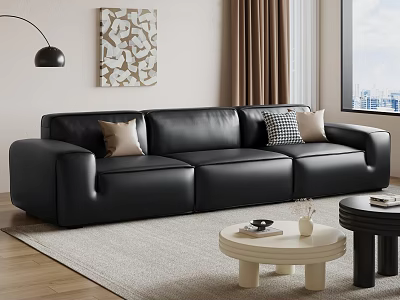Black Leather Three-Seater Sofa Living Room With Throw Pillows Floor Lamp And Decorative Painting 3d model