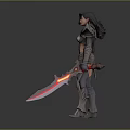 Fantasy Woman Warrior In Ornate Armor Holding Two Red Glowing Swords