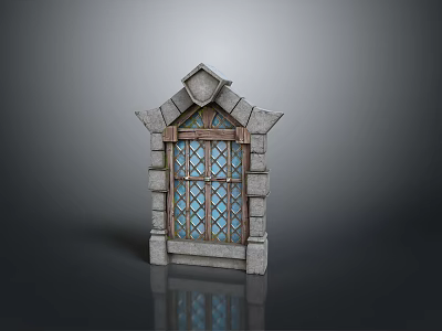 Medieval Style Stone Gate With Arched Top Stained Glass Windows And Decorative Carvings 3d model