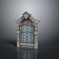 Medieval Style Stone Gate With Arched Top Stained Glass Windows And Decorative Carvings