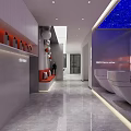 Modern Hair Salon With Starry Ceiling Purple Walls Orange Lighting Barber Chairs And Product Shelves
