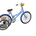 Blue Bicycle With Brown Seat Training Wheels And Yellow Handlebar Accents