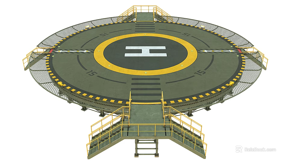 Circular Helicopter Landing Pad Featuring Yellow Ring White H Mark Metal Railings And Stairs 3d model 