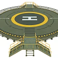 Circular Helicopter Landing Pad Featuring Yellow Ring White H Mark Metal Railings And Stairs