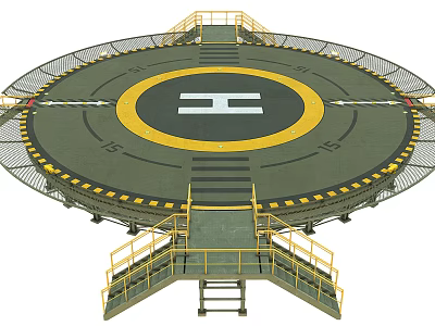 Circular Helicopter Landing Pad Featuring Yellow Ring White H Mark Metal Railings And Stairs 3d model