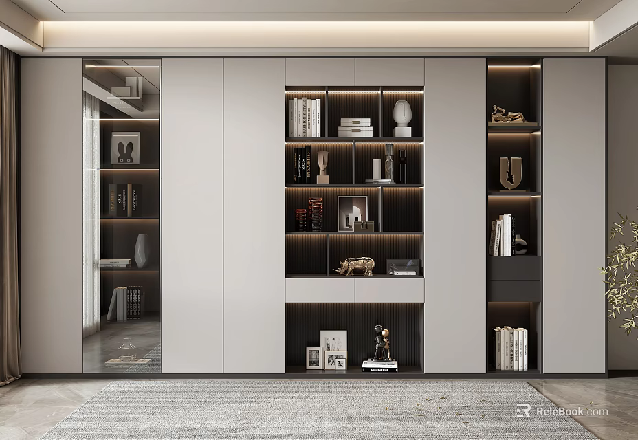 Modern Bookcase Interior With Open Shelves Books Decorative Items And Lighting 3d model 