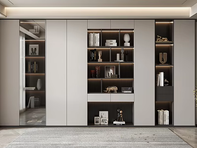 Modern Bookcase Interior With Open Shelves Books Decorative Items And Lighting 3d model