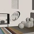 Modern Office Interior With Geometric Patterned Chairs Colorful Striped Rug And Circular Window Decor