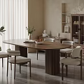 Modern Wooden Oval Dining Table Set With Four Chairs Storage Cabinet And Plant