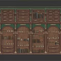 Vintage Wooden Cabinet Bookcase With Green Accents Arched Design Drawers Shelves Books And Bottles