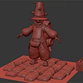Character In Traditional Robe With Tall Hat Backpack Standing On Stone Pavement Near Small Chest