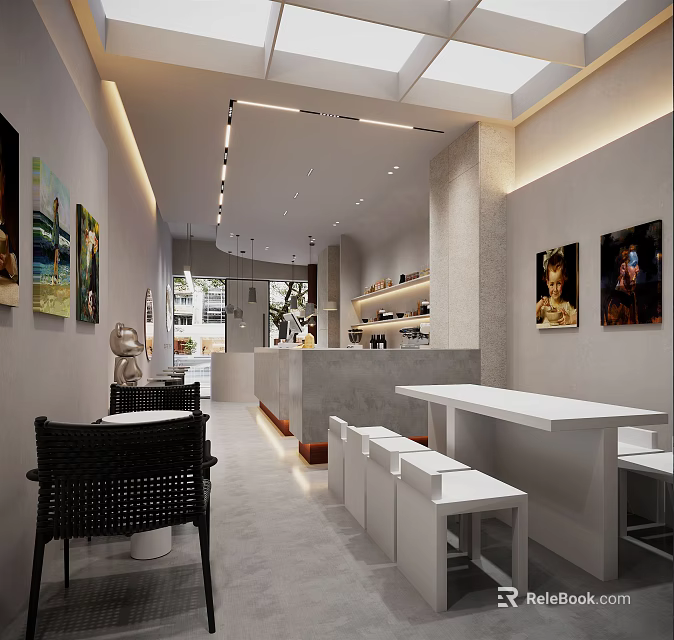 Modern Café Interior With Open Space White Counter Black Rattan Chairs And Wall Art 3d model 