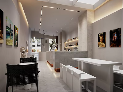 Modern Café Interior With Open Space White Counter Black Rattan Chairs And Wall Art 3d model