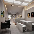 Modern Café Interior With Open Space White Counter Black Rattan Chairs And Wall Art