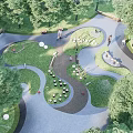Outdoor Children's Play Area With Lush Trees Green Lawn Kids Bicycling And Decorative Sculpture