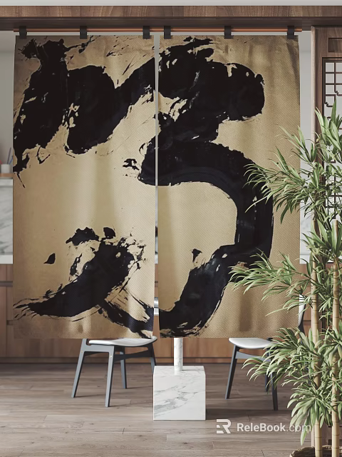 Beige Curtains With Black Abstract Ink Painting Patterns and Green Bamboo Decoration 3d model 