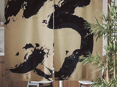 Beige Curtains With Black Abstract Ink Painting Patterns and Green Bamboo Decoration 3d model