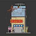Two Story Small Shop Building With Blue Yellow Exterior Red Signage Striped Awning And Roof Plants