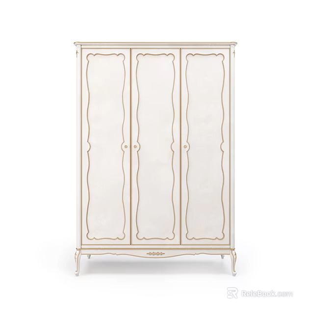 Elegant White Wardrobe with Three Doors and Gold Trim Classic Style Decorative Legs 3d model 