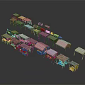 Colorful Outdoor Market Stalls With Various Colored Canopies And Vendor Displays