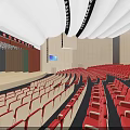 Modern Auditorium Interior With Red Seats Stage Large Screen And Wooden Walls