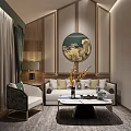 Elegant Chinese Leisure Area With Sofa Coffee Table And Circular Decorative Painting 3d model