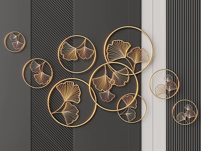 Golden Metal Wall Decor With Ginkgo Leaf Shape And Circular Ring Design In Modern Style 3d model