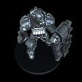 Silver Mechanical Game and Movie Robot Character With Shield Standing on Black Base