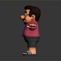Playful Cartoon Character In Pink Shirt With Blue Tie Black Shorts And Striped Slippers